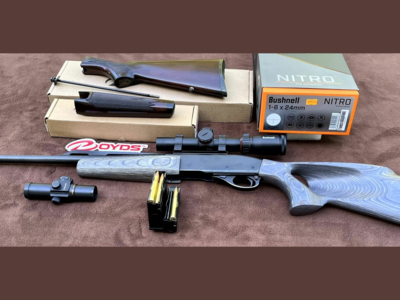 CARABINE A POMPE REMINGTON 7600 CALIBRE 35 WHELEN – CROSSE TROU DE POUCE GAUCHER – 2 CHARGEURS – LUNETTE – POINT ROUGE – CROSSE BOIS